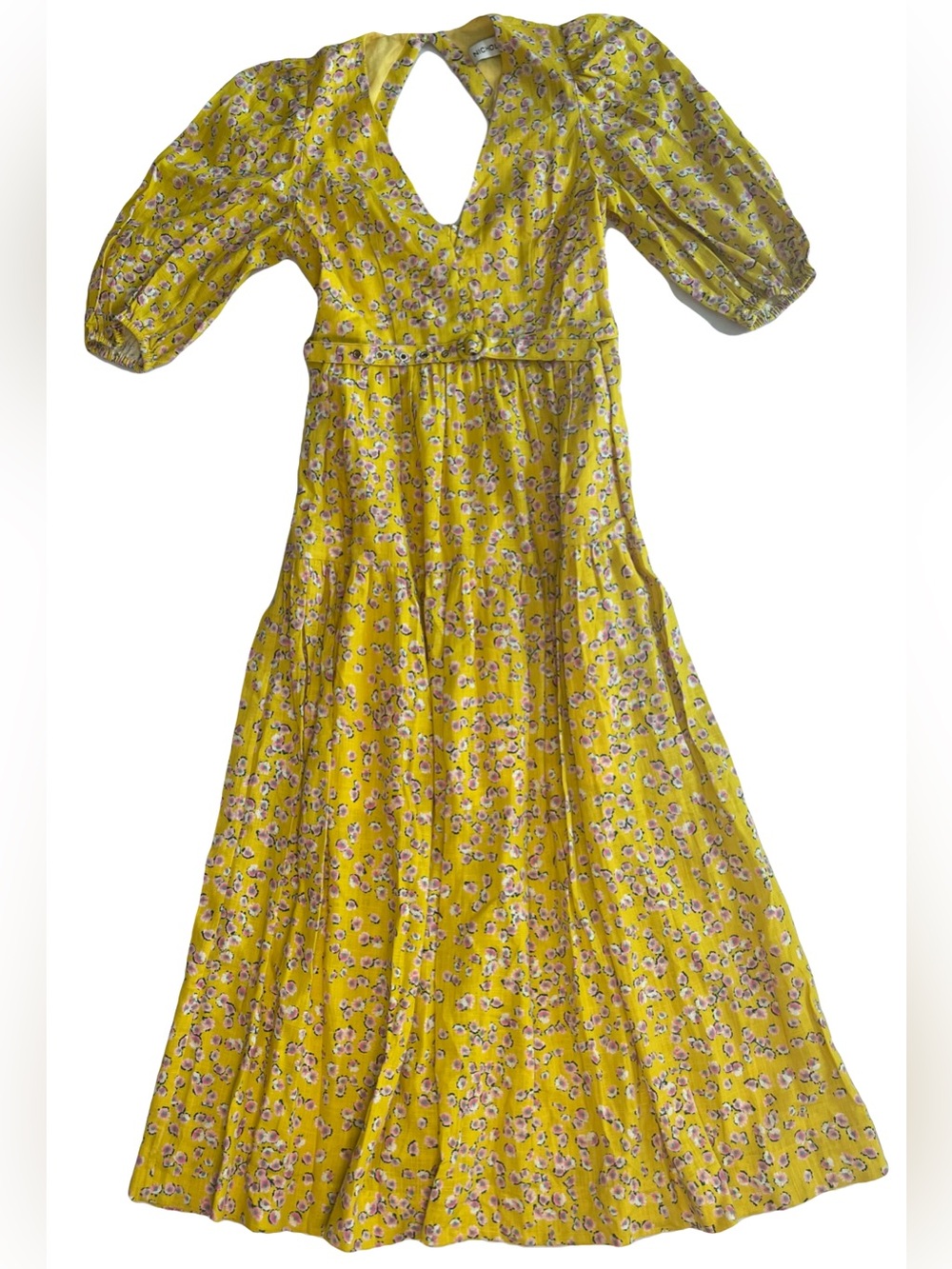 Nicholas Dress Yellow Floral Puff Sleeve Tiered Maxi Cutout Cottagecore Garden